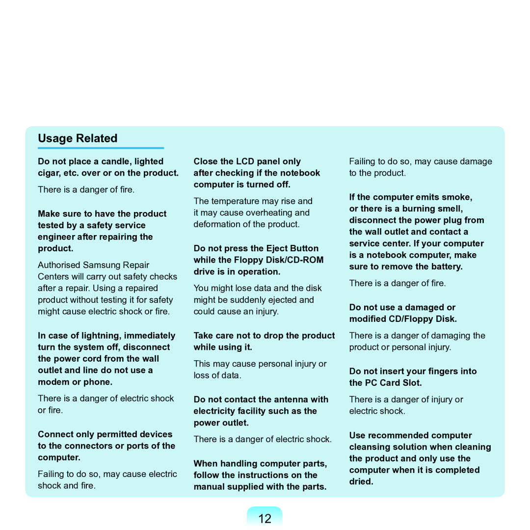 Samsung M60 manual Usage Related, Take care not to drop the product while using it 