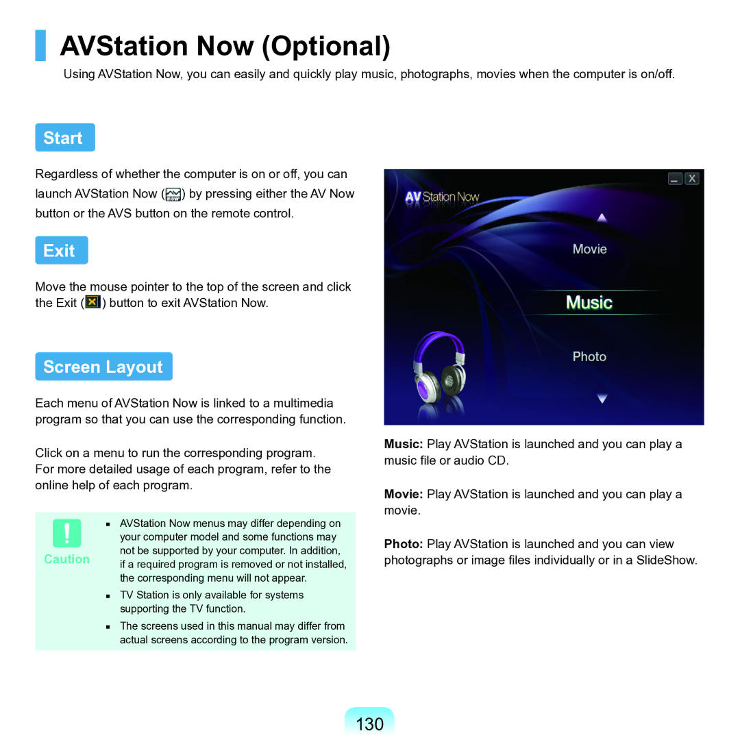 Samsung M60 manual AVStation Now Optional, Start, Exit, Screen Layout, 130 