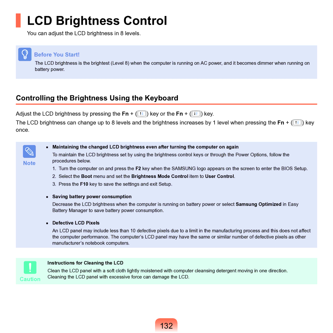 Samsung M60 manual LCD Brightness Control, 132, Controlling the Brightness Using the Keyboard 