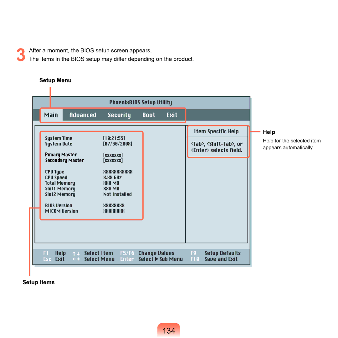 Samsung M60 manual 134, Setup Menu Help, Setup Items 