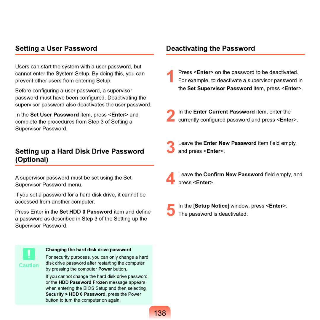 Samsung M60 manual 138, Setting a User Password, Setting up a Hard Disk Drive Password Optional, Deactivating the Password 