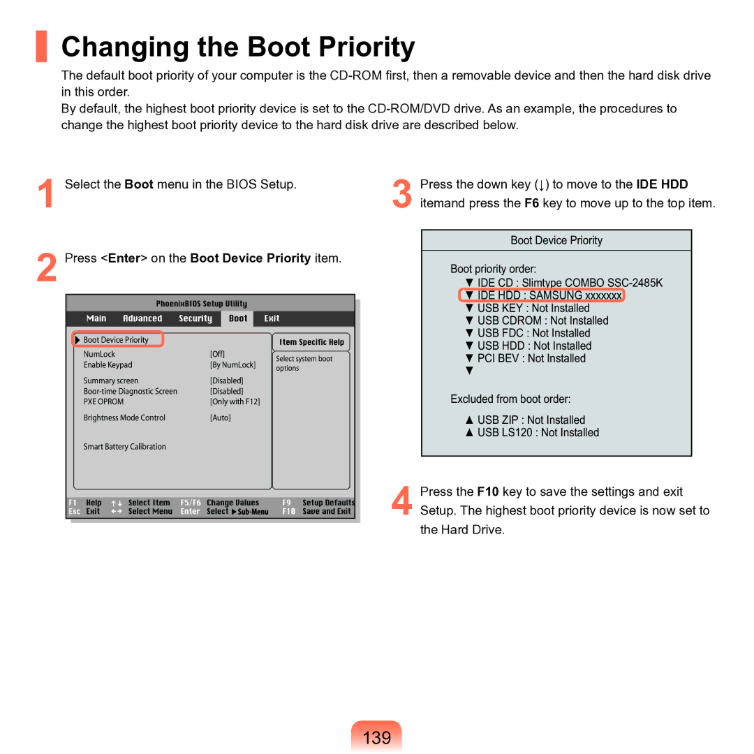 Samsung M60 manual Changing the Boot Priority, 139, Press Enter on the Boot Device Priority item 