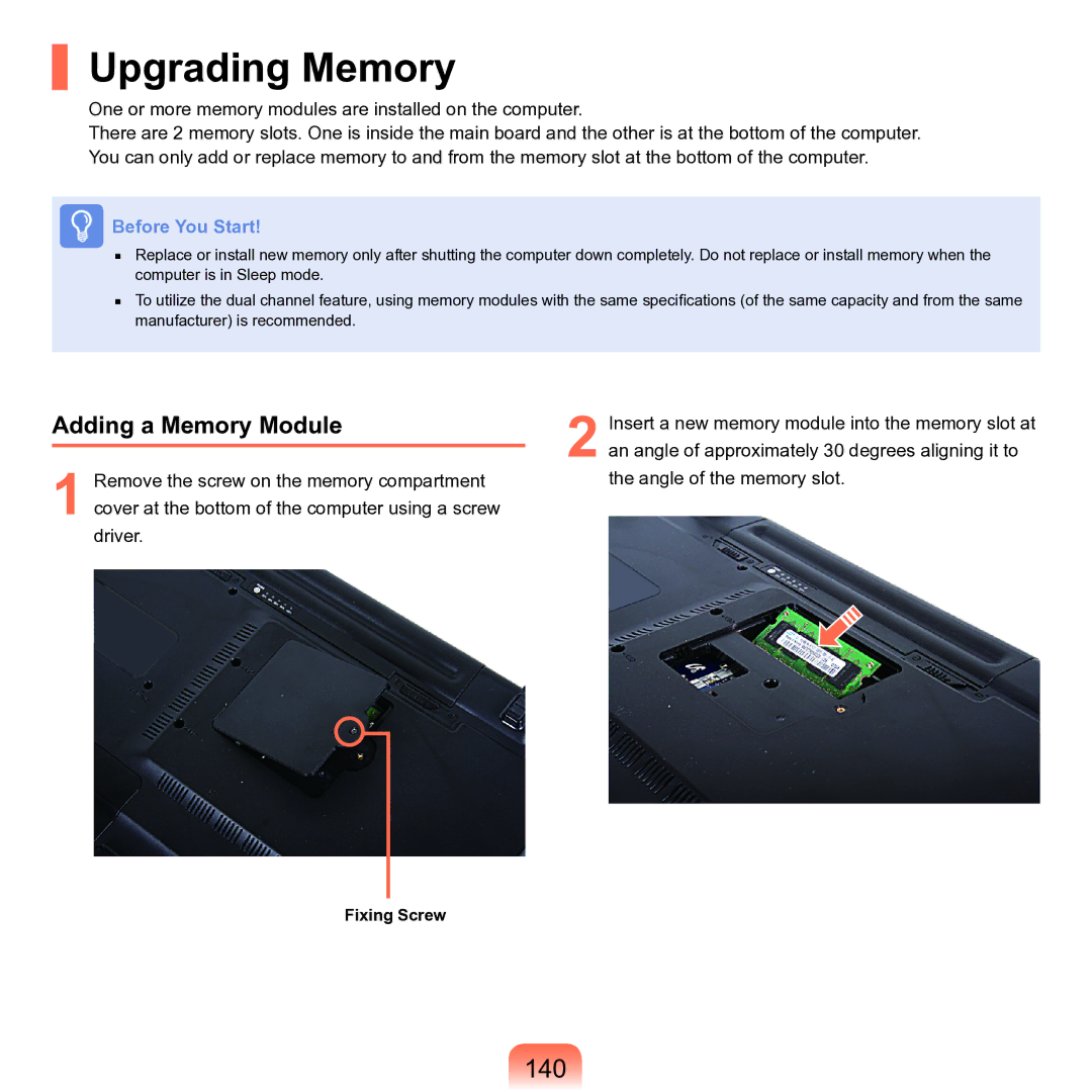 Samsung M60 manual Upgrading Memory, 140, Adding a Memory Module 