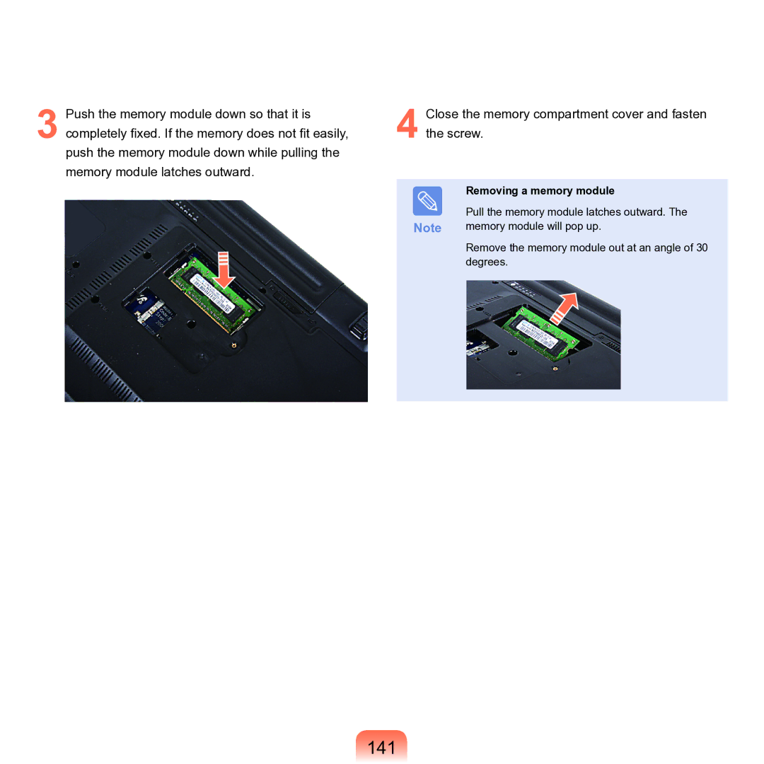 Samsung M60 manual 141, Removing a memory module 