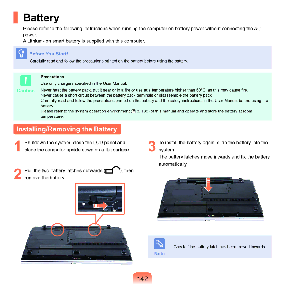 Samsung M60 manual Installing/Removing the Battery, 142, Precautions 