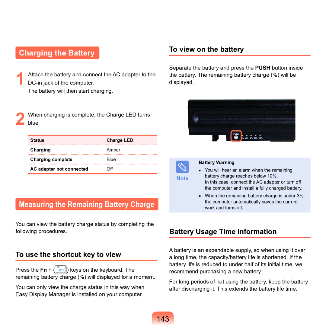 Samsung M60 manual Charging the Battery, 143, To use the shortcut key to view, To view on the battery 