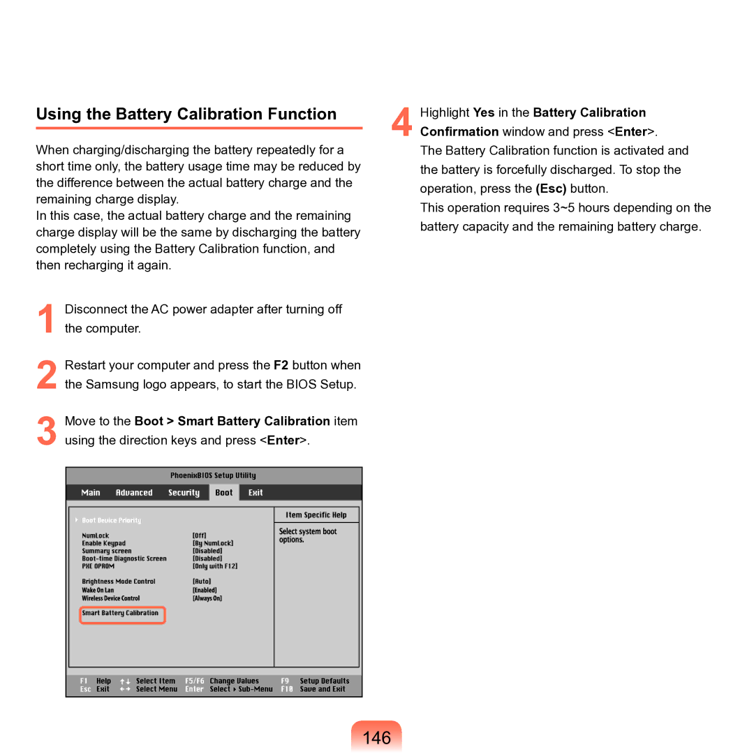 Samsung M60 manual 146, Using the Battery Calibration Function 