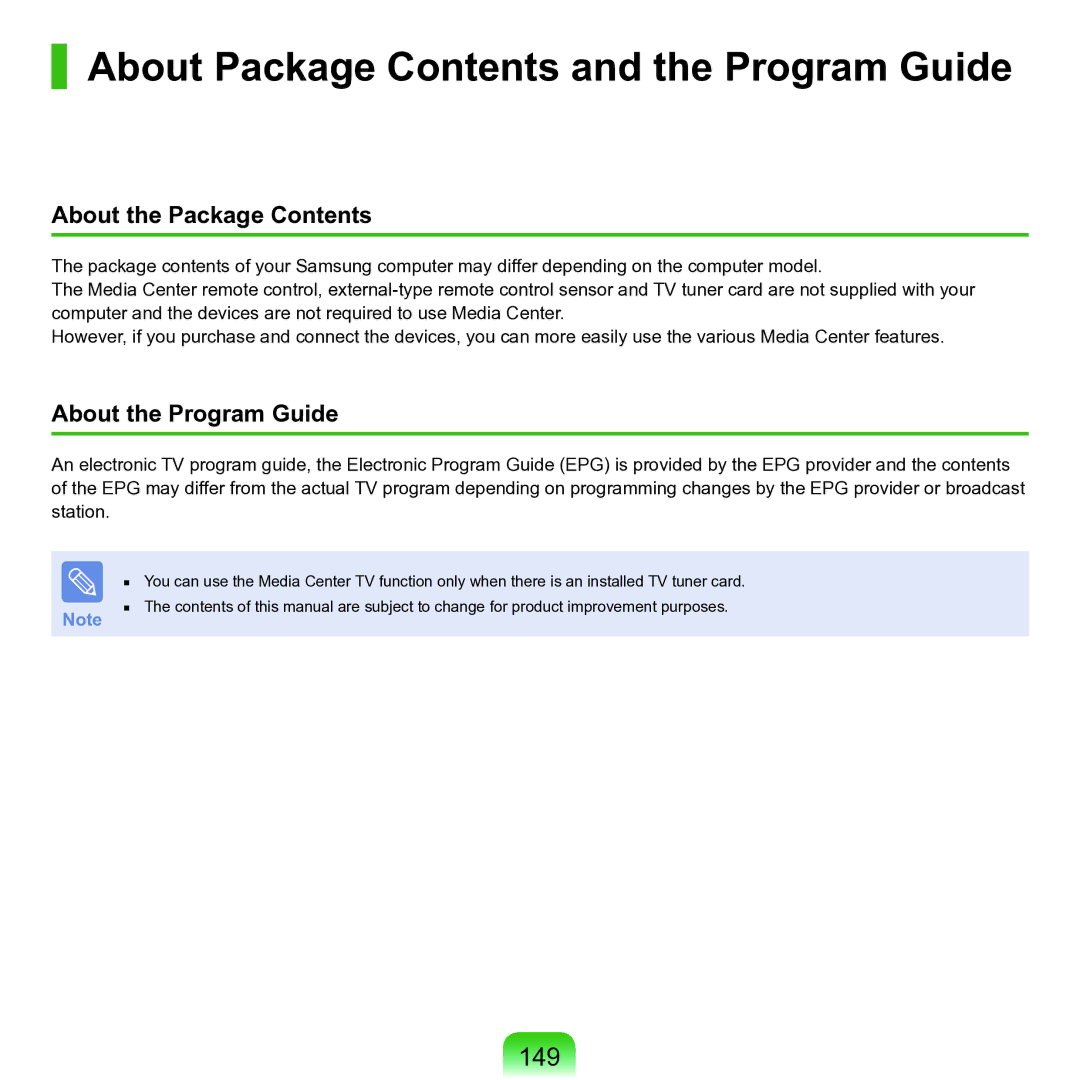 Samsung M60 manual About Package Contents and the Program Guide 