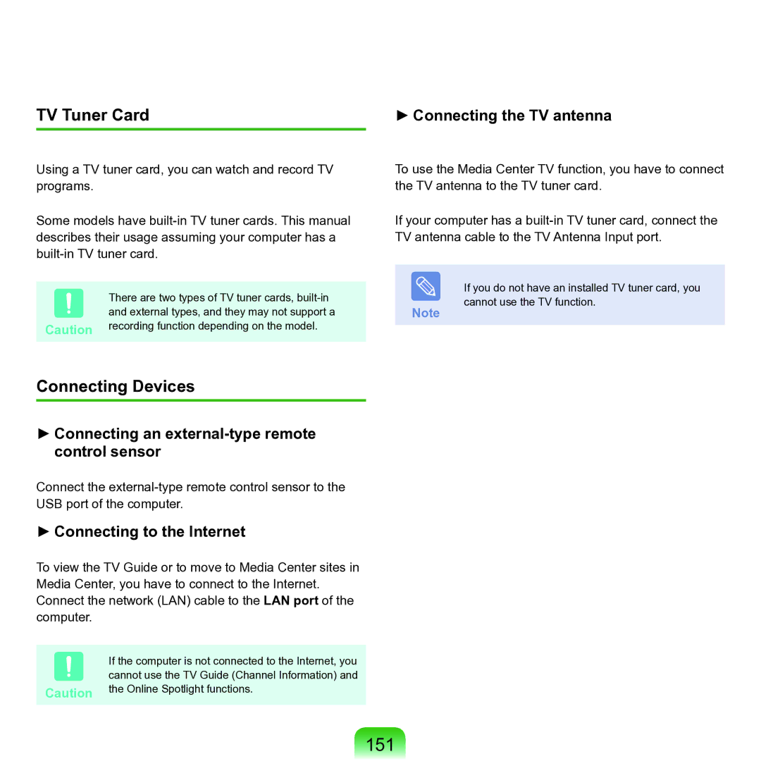 Samsung M60 manual 151, TV Tuner Card, Connecting Devices 