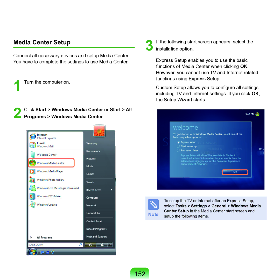 Samsung M60 manual 152, Media Center Setup 