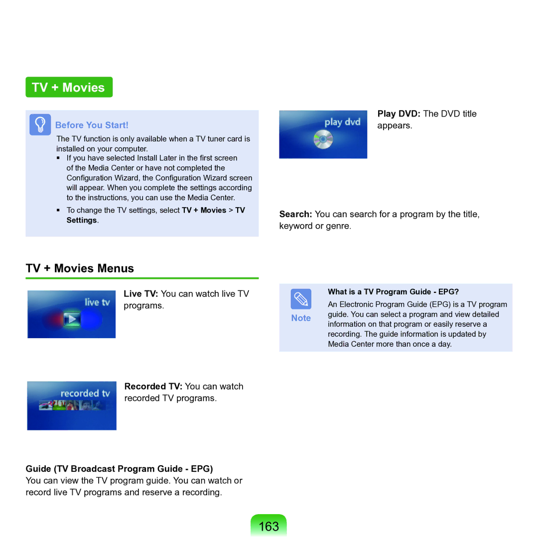 Samsung M60 manual 163, TV + Movies Menus, Guide TV Broadcast Program Guide EPG, What is a TV Program Guide EPG? 