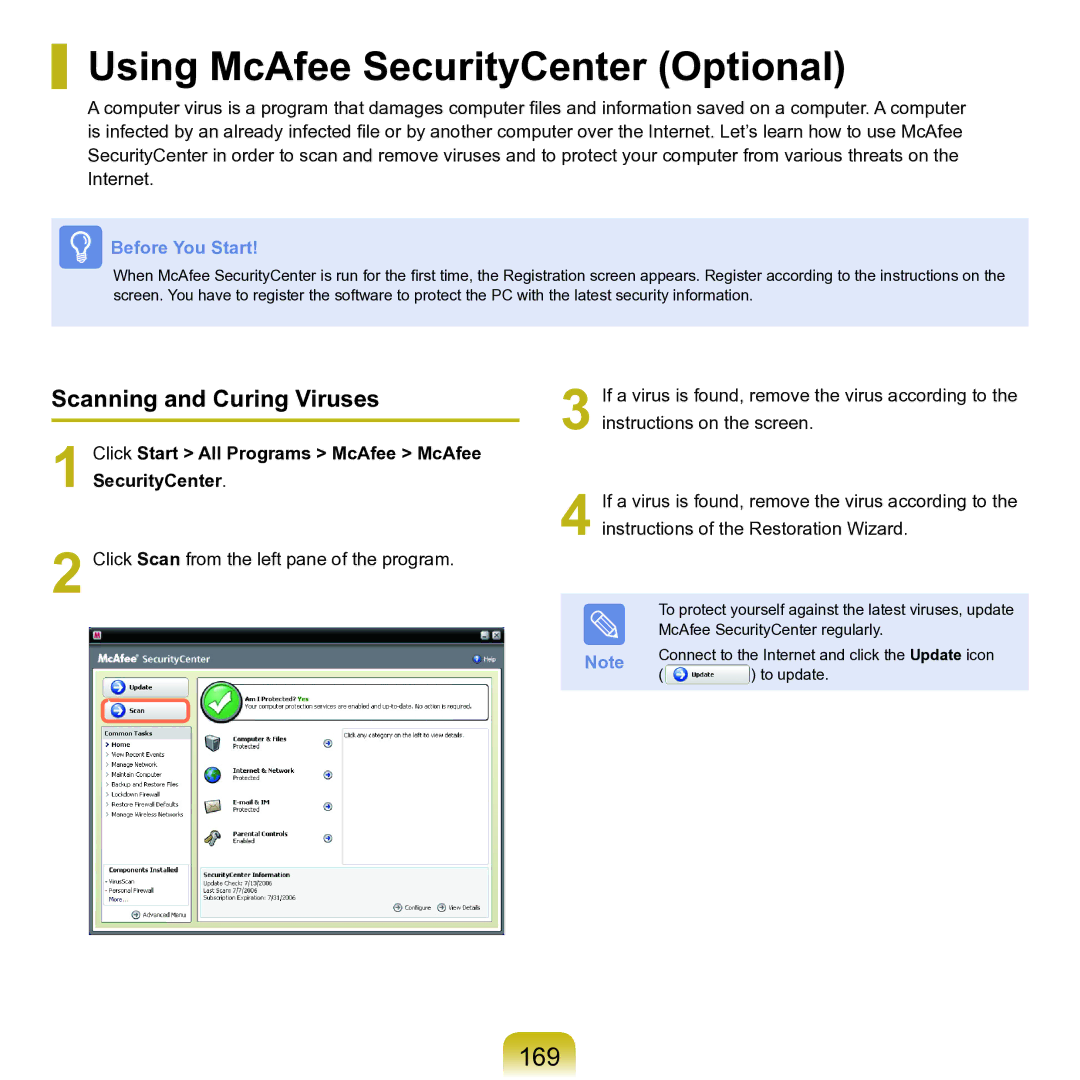 Samsung M60 manual Using McAfee SecurityCenter Optional, 169, Scanning and Curing Viruses 