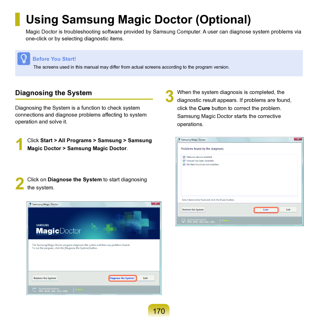 Samsung M60 manual Using Samsung Magic Doctor Optional, 170, Diagnosing the System 