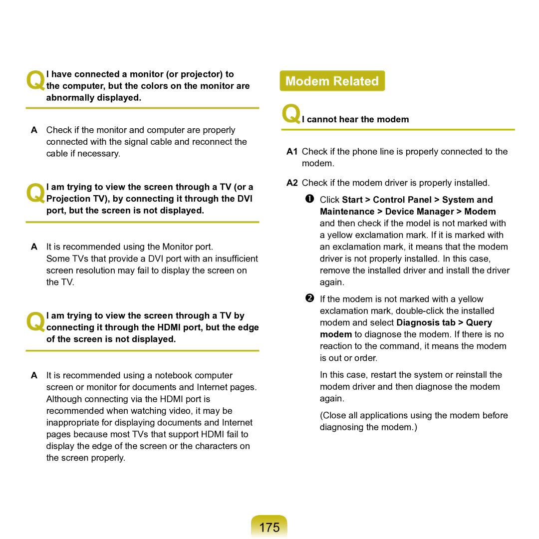 Samsung M60 manual Modem Related, 175, QI cannot hear the modem 