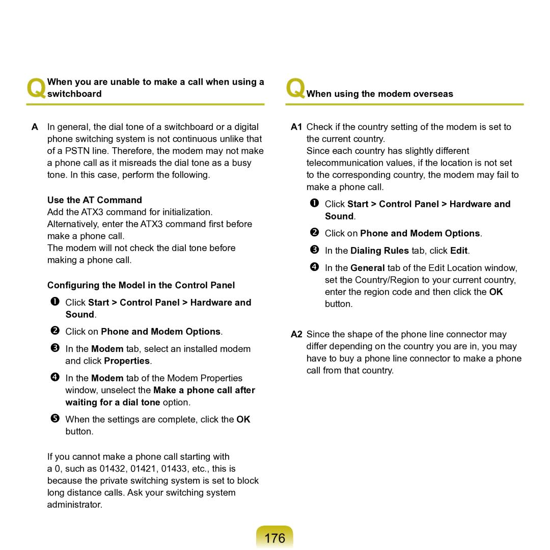 Samsung M60 manual 176, Use the AT Command, QWhen using the modem overseas 