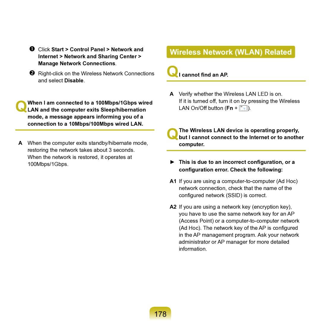 Samsung M60 manual Wireless Network Wlan Related, 178, QI cannot find an AP 