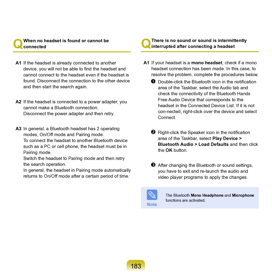 Samsung M60 manual 183, QWhen no headset is found or cannot be connected 