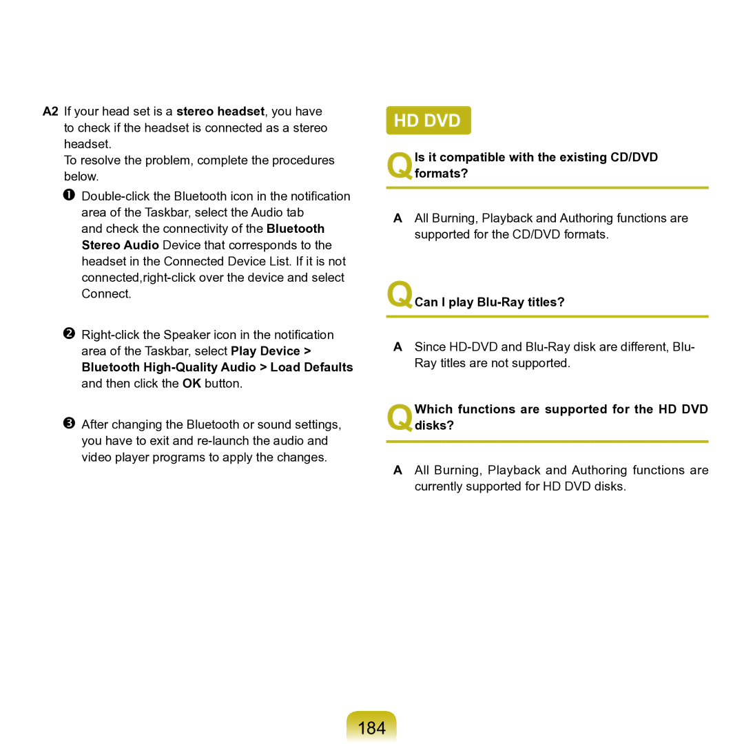 Samsung M60 manual 184, QIs it compatible with the existing CD/DVD formats?, QCan I play Blu-Ray titles? 