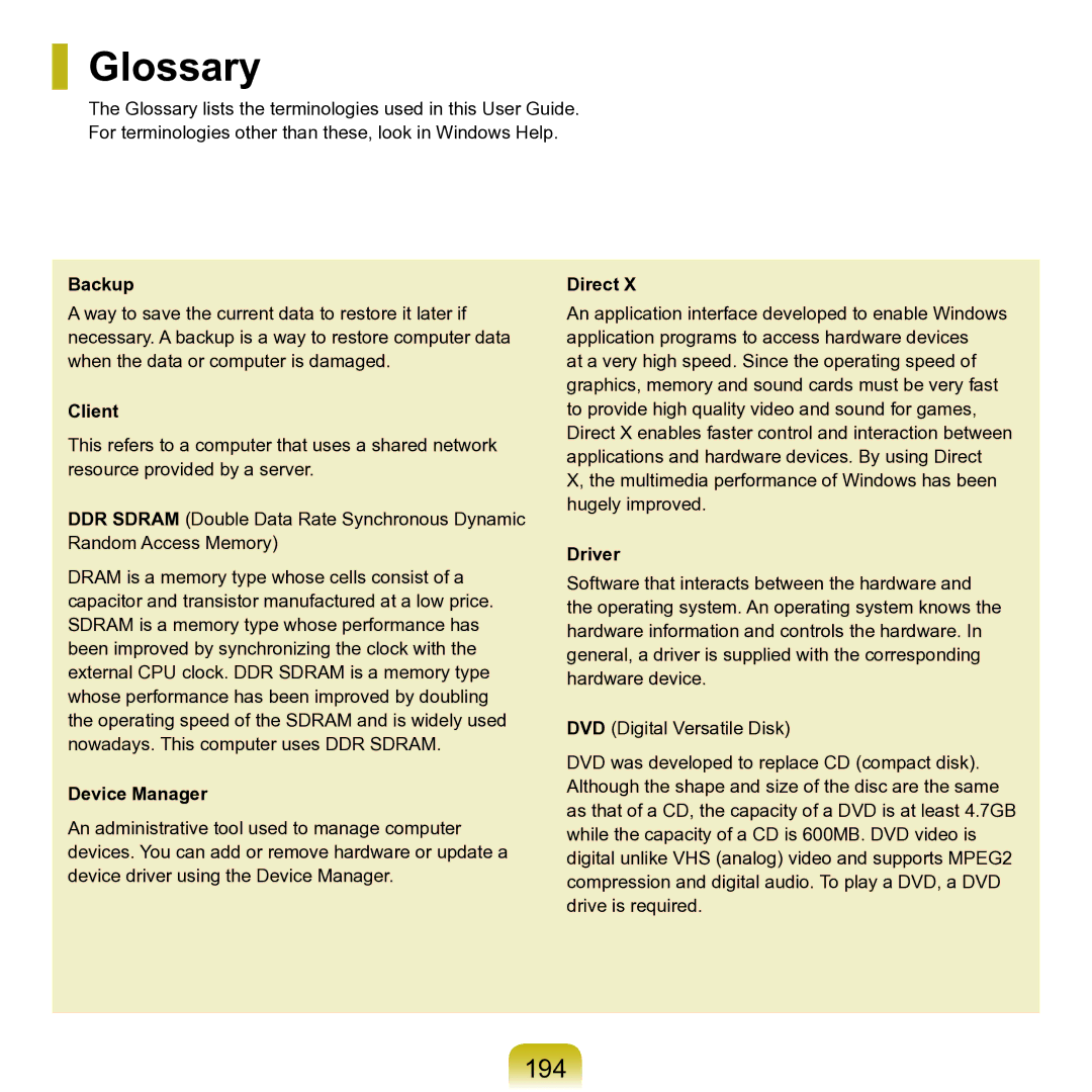 Samsung M60 manual Glossary, 194 