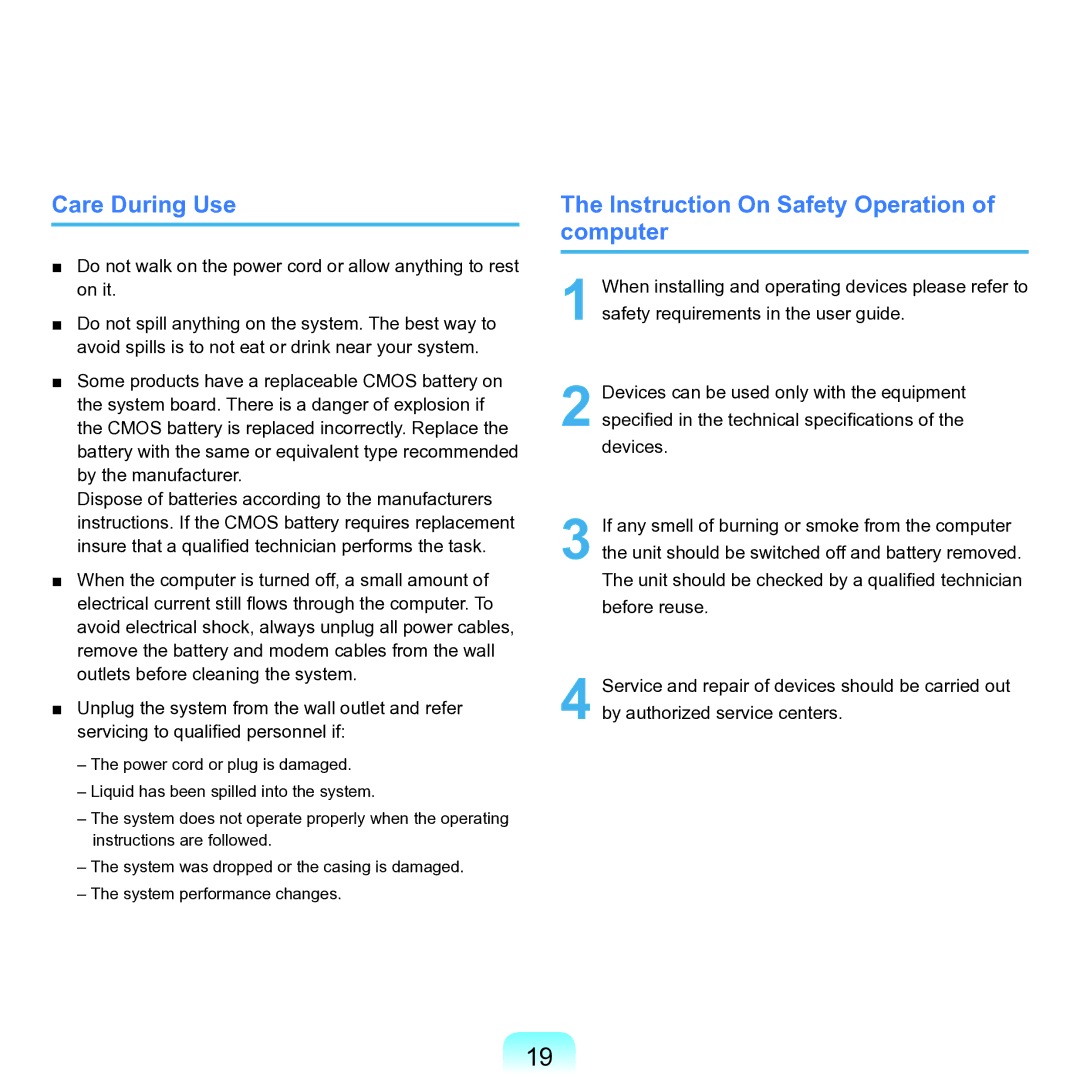 Samsung M60 manual Care During Use, Instruction On Safety Operation of computer 