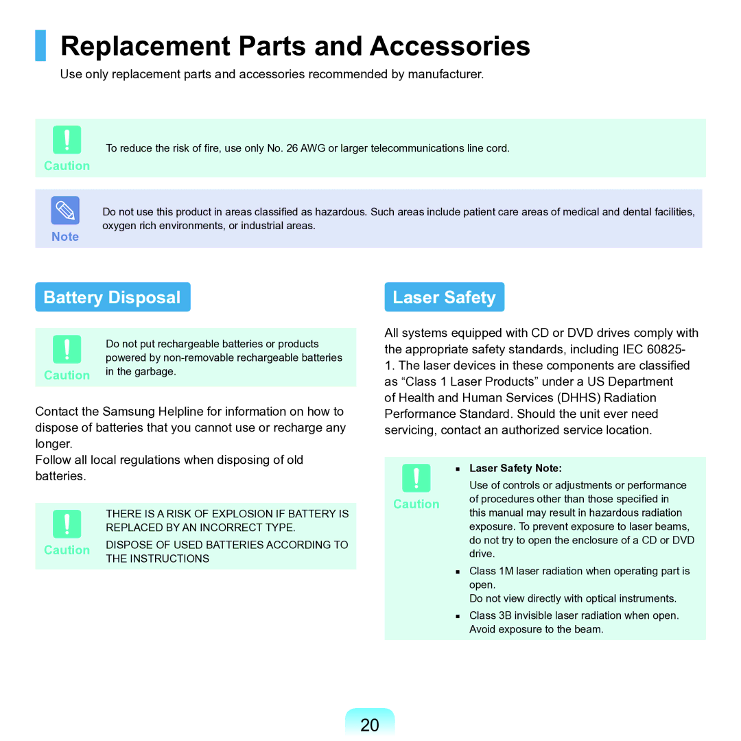 Samsung M60 manual Replacement Parts and Accessories, Battery Disposal, Laser Safety Note 