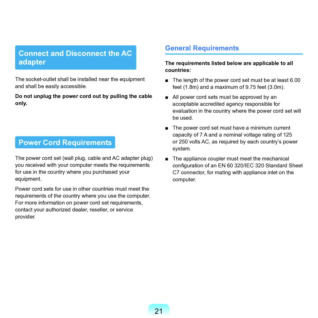 Samsung M60 manual Connect and Disconnect the AC adapter, Power Cord Requirements, General Requirements 