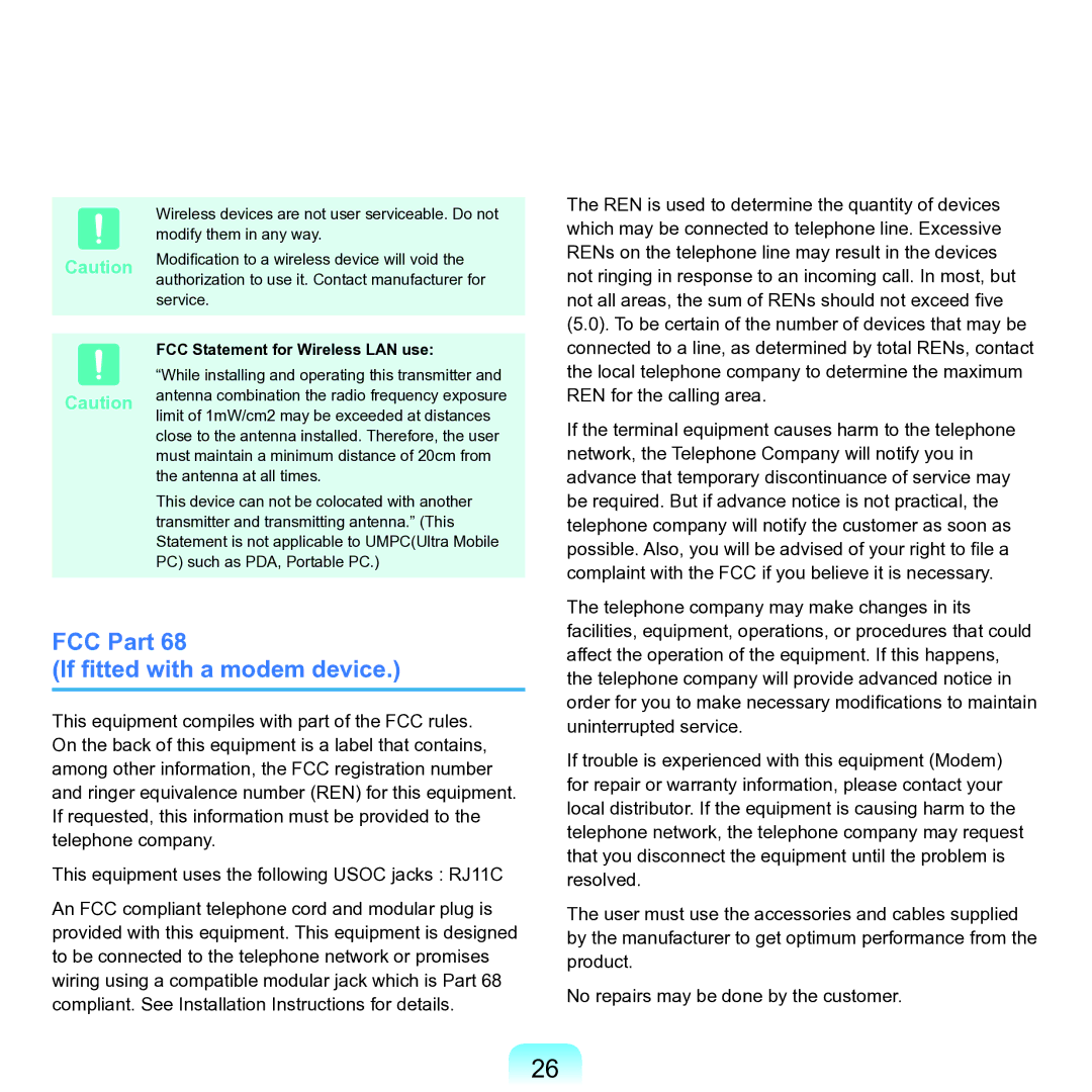 Samsung M60 manual FCC Part If fitted with a modem device, FCC Statement for Wireless LAN use 