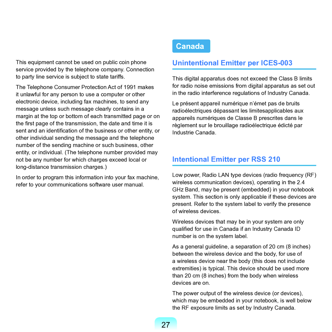 Samsung M60 manual Canada, Unintentional Emitter per ICES-003, Intentional Emitter per RSS 