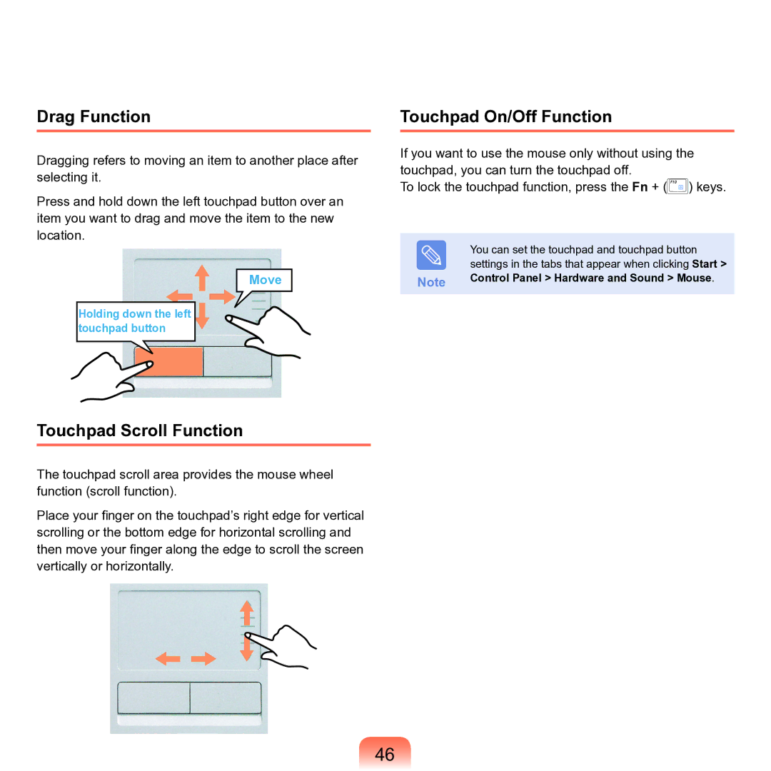 Samsung M60 Drag Function, Touchpad Scroll Function, Touchpad On/Off Function, Control Panel Hardware and Sound Mouse 