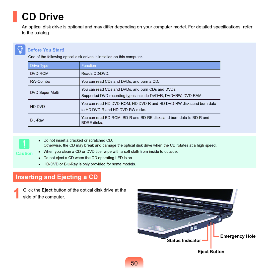 Samsung M60 manual CD Drive, Inserting and Ejecting a CD, Status Indicator Emergency Hole Eject Button 