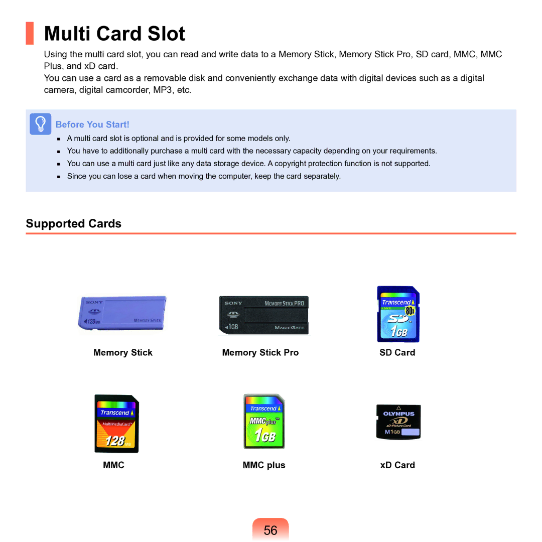 Samsung M60 manual Multi Card Slot, Supported Cards, Memory Stick Memory Stick Pro SD Card, MMC plus XD Card 