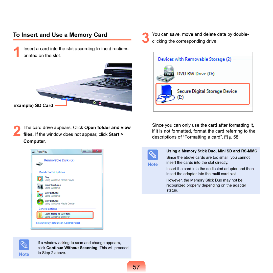 Samsung M60 manual To Insert and Use a Memory Card, Example SD Card, Using a Memory Stick Duo, Mini SD and RS-MMC 