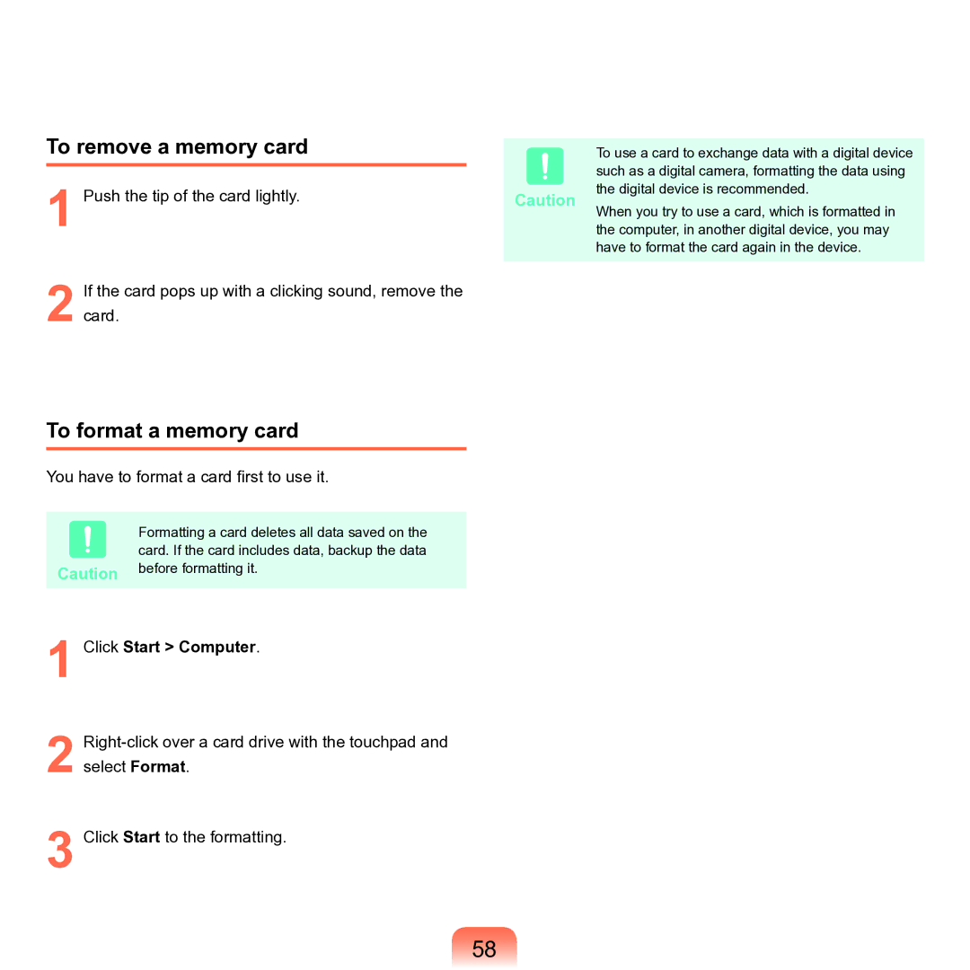 Samsung M60 manual To remove a memory card, To format a memory card, Click Start Computer 