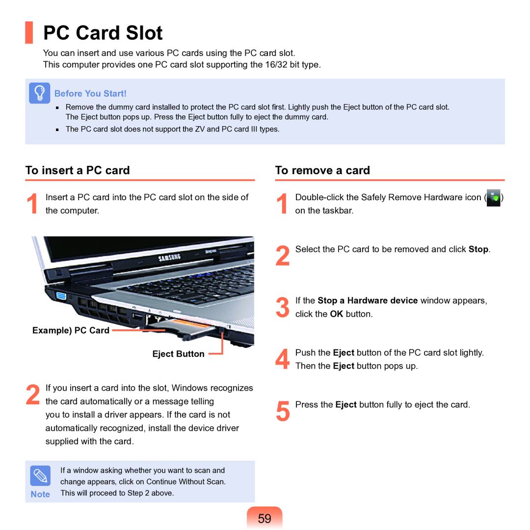 Samsung M60 manual PC Card Slot, To insert a PC card, To remove a card, Example PC Card Eject Button 