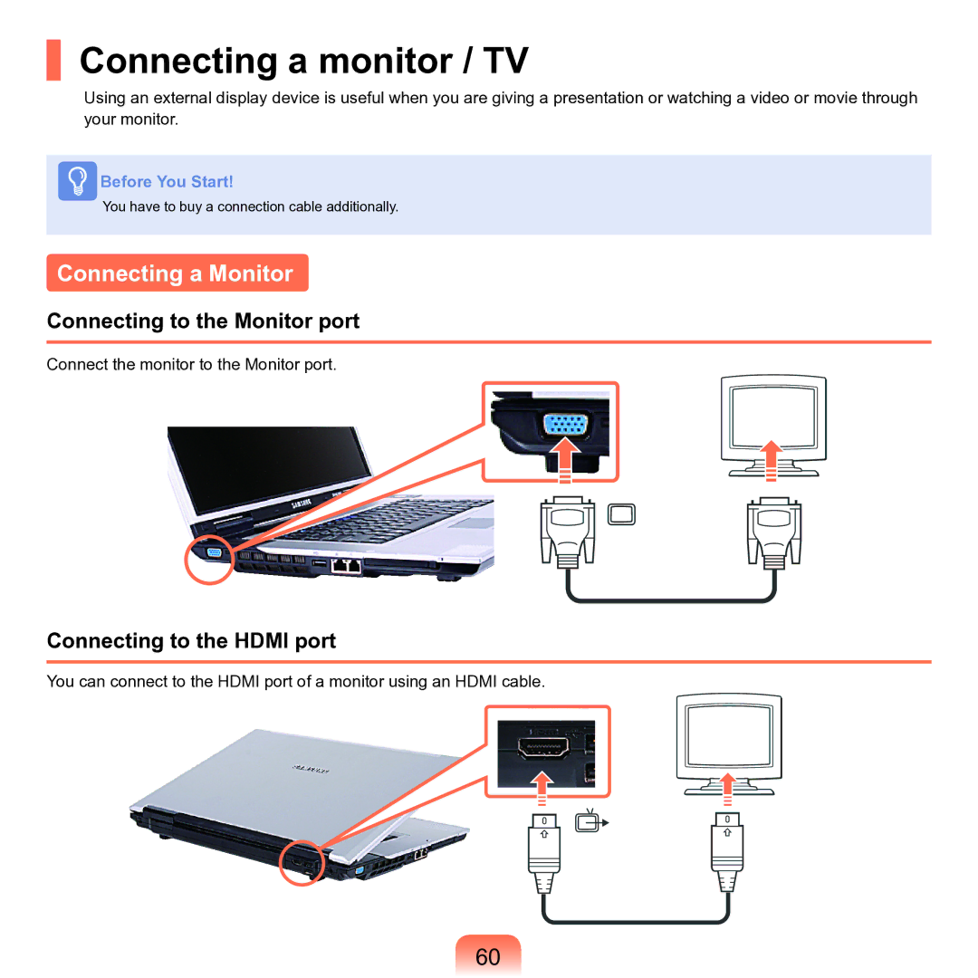 Samsung M60 Connecting a monitor / TV, Connecting a Monitor, Connecting to the Monitor port, Connecting to the Hdmi port 