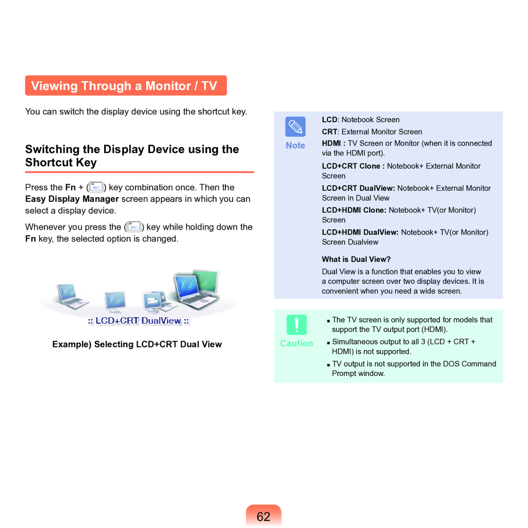 Samsung M60 manual Viewing Through a Monitor / TV, Switching the Display Device using the Shortcut Key, What is Dual View? 