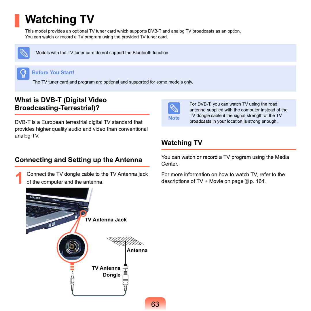 Samsung M60 Watching TV, What is DVB-T Digital Video Broadcasting-Terrestrial?, Connecting and Setting up the Antenna 