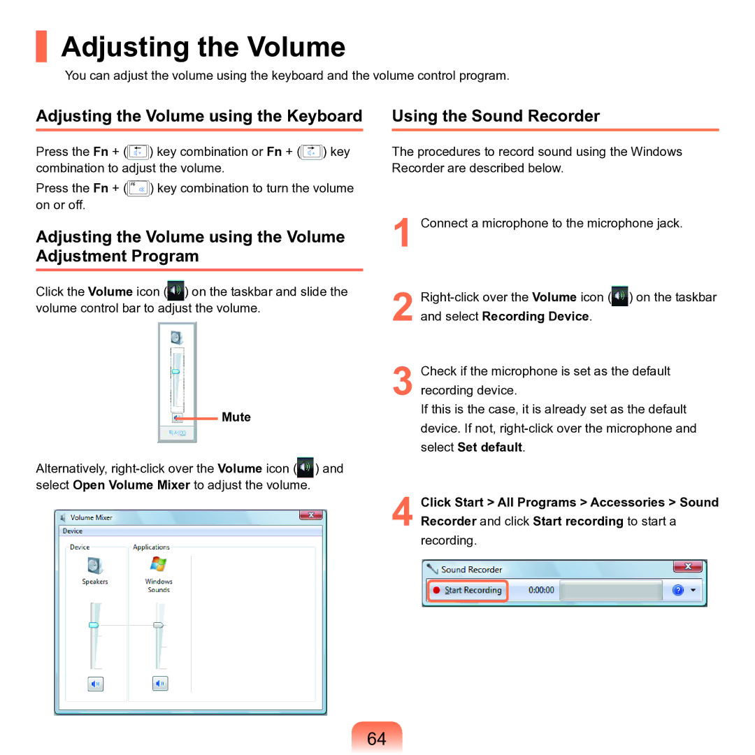 Samsung M60 manual Adjusting the Volume using the Keyboard, Adjusting the Volume using the Volume Adjustment Program 