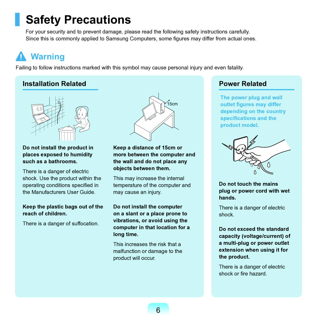 Samsung M60 Safety Precautions, Installation Related Power Related, Keep the plastic bags out of the reach of children 