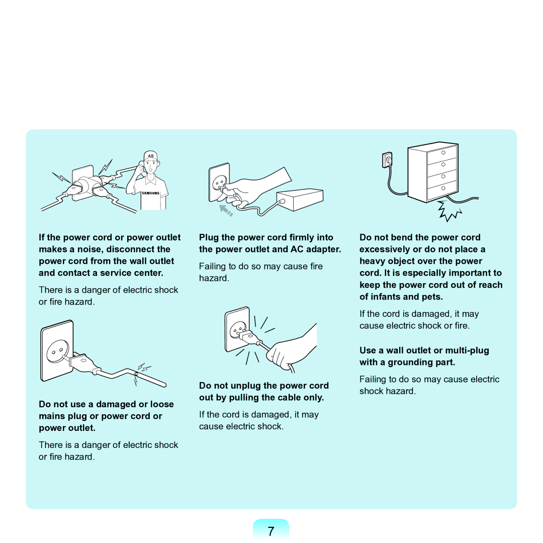 Samsung M60 manual Do not unplug the power cord out by pulling the cable only 