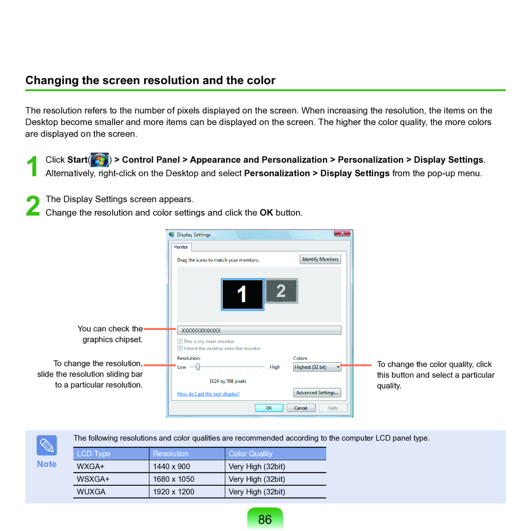 Samsung M60 manual Changing the screen resolution and the color 