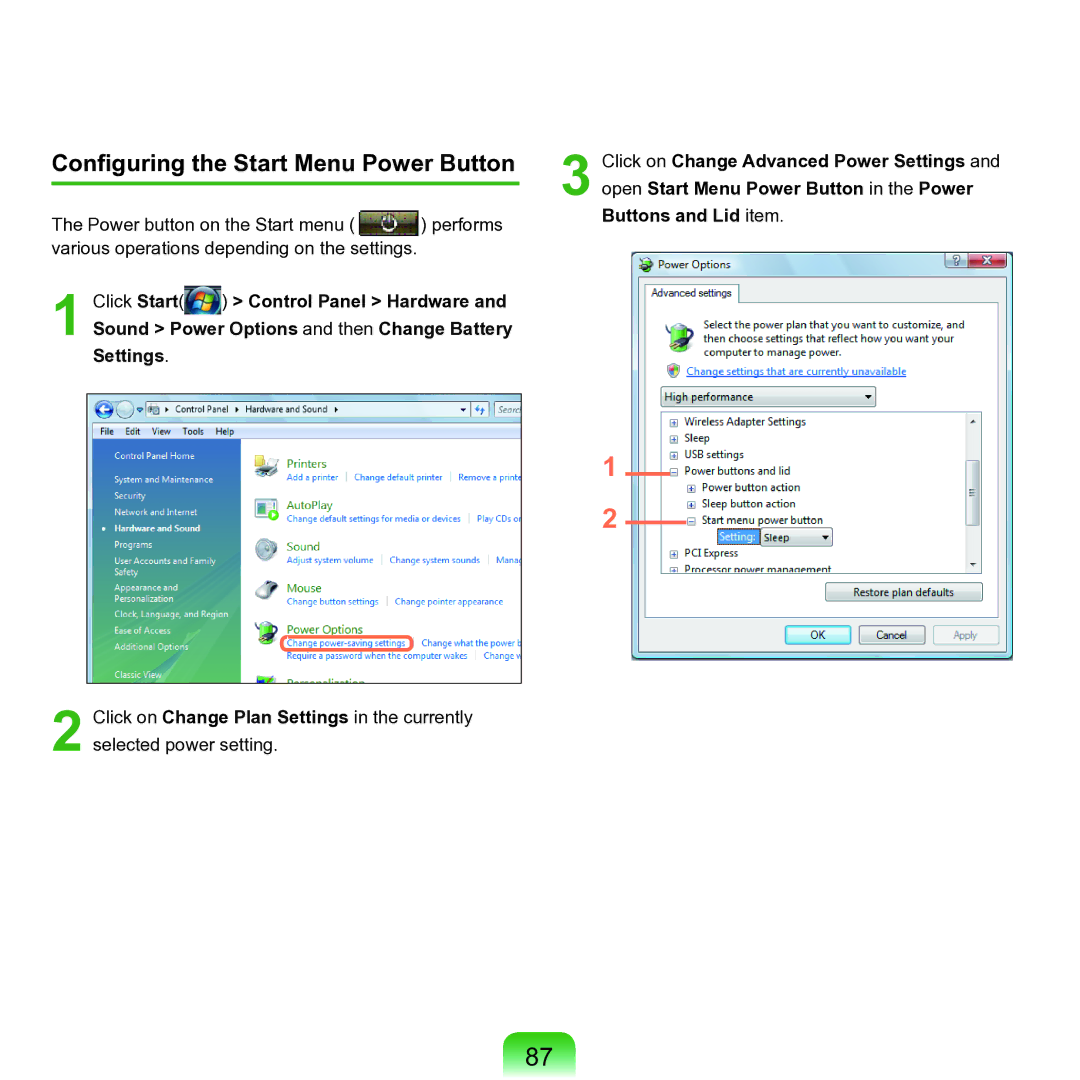 Samsung M60 manual Configuring the Start Menu Power Button 