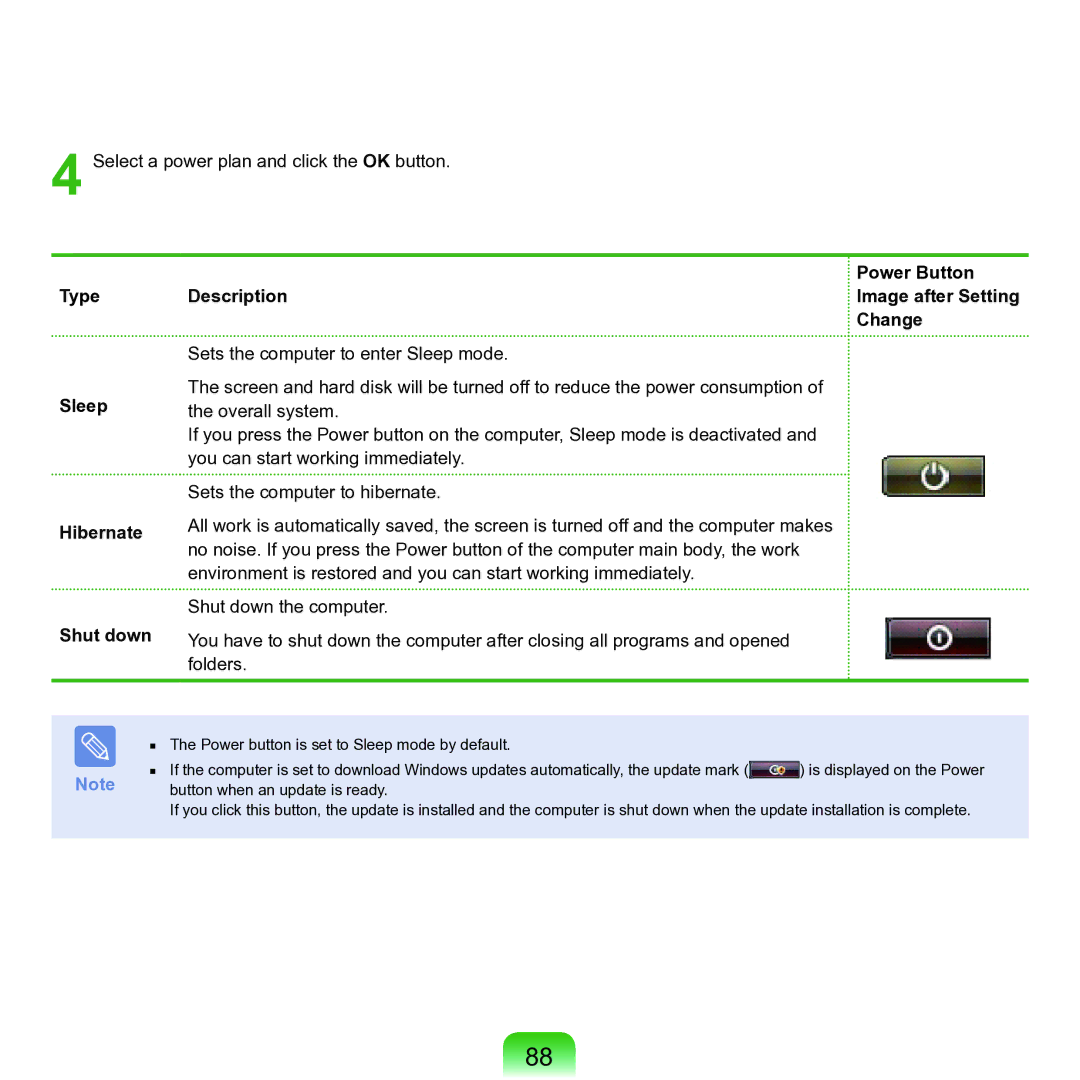 Samsung M60 manual Type Sleep Hibernate Shut down Power Button Description, Change 