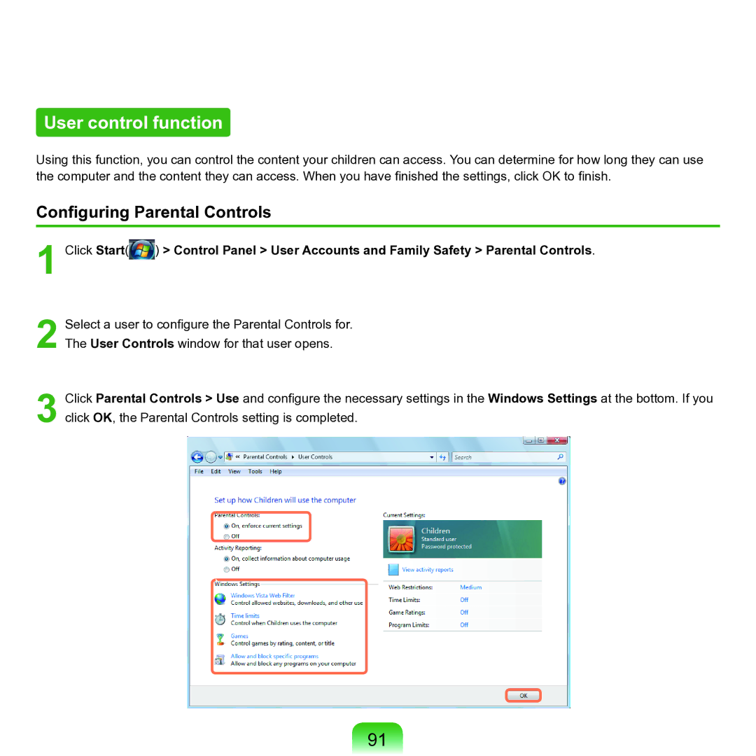 Samsung M60 manual User control function, Configuring Parental Controls 