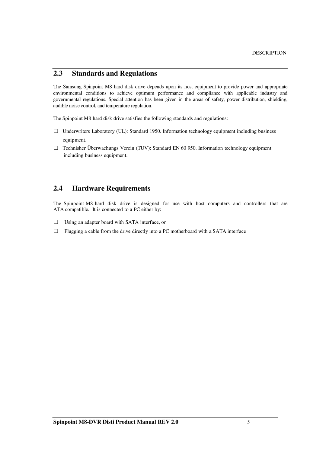 Samsung M8-DVR manual Standards and Regulations, Hardware Requirements 