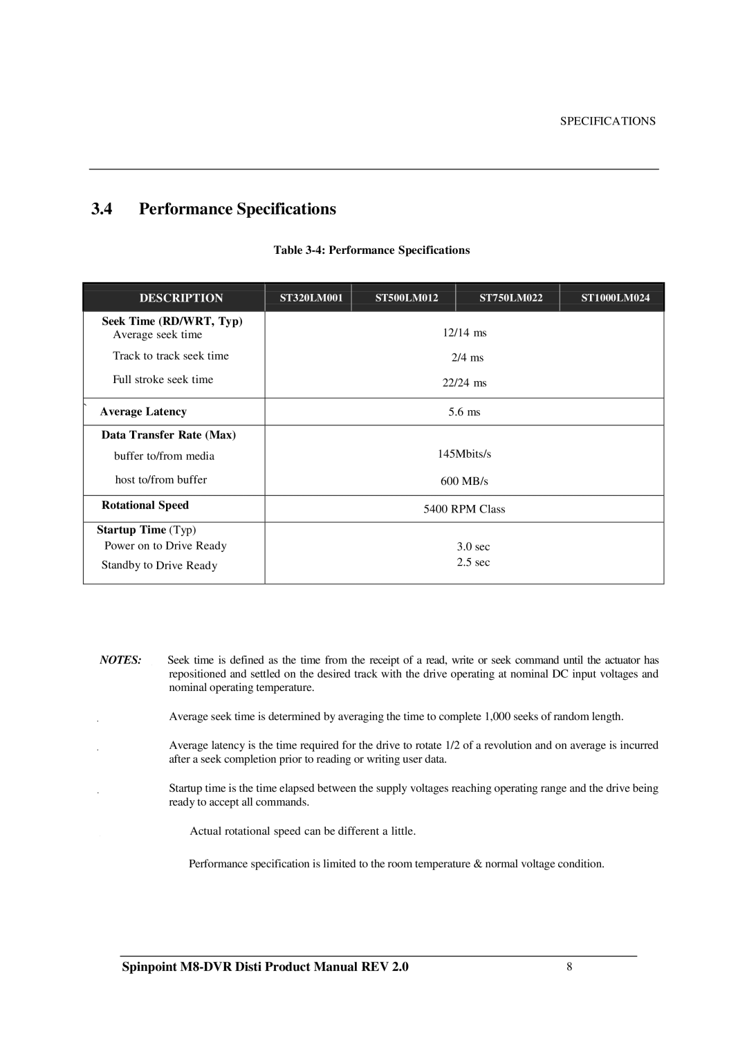 Samsung M8-DVR manual Performance Specifications 