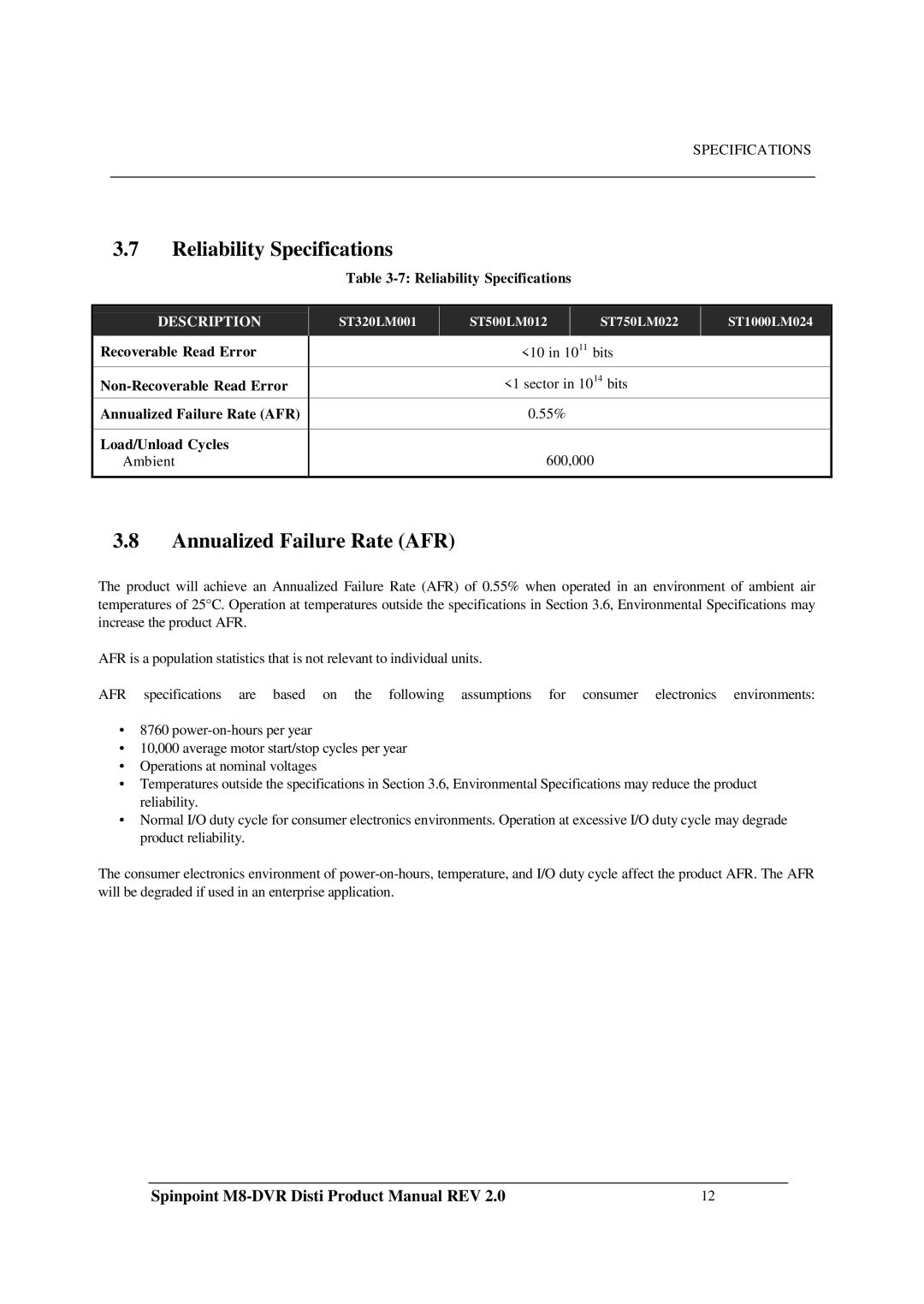 Samsung M8-DVR manual Reliability Specifications, Annualized Failure Rate AFR 