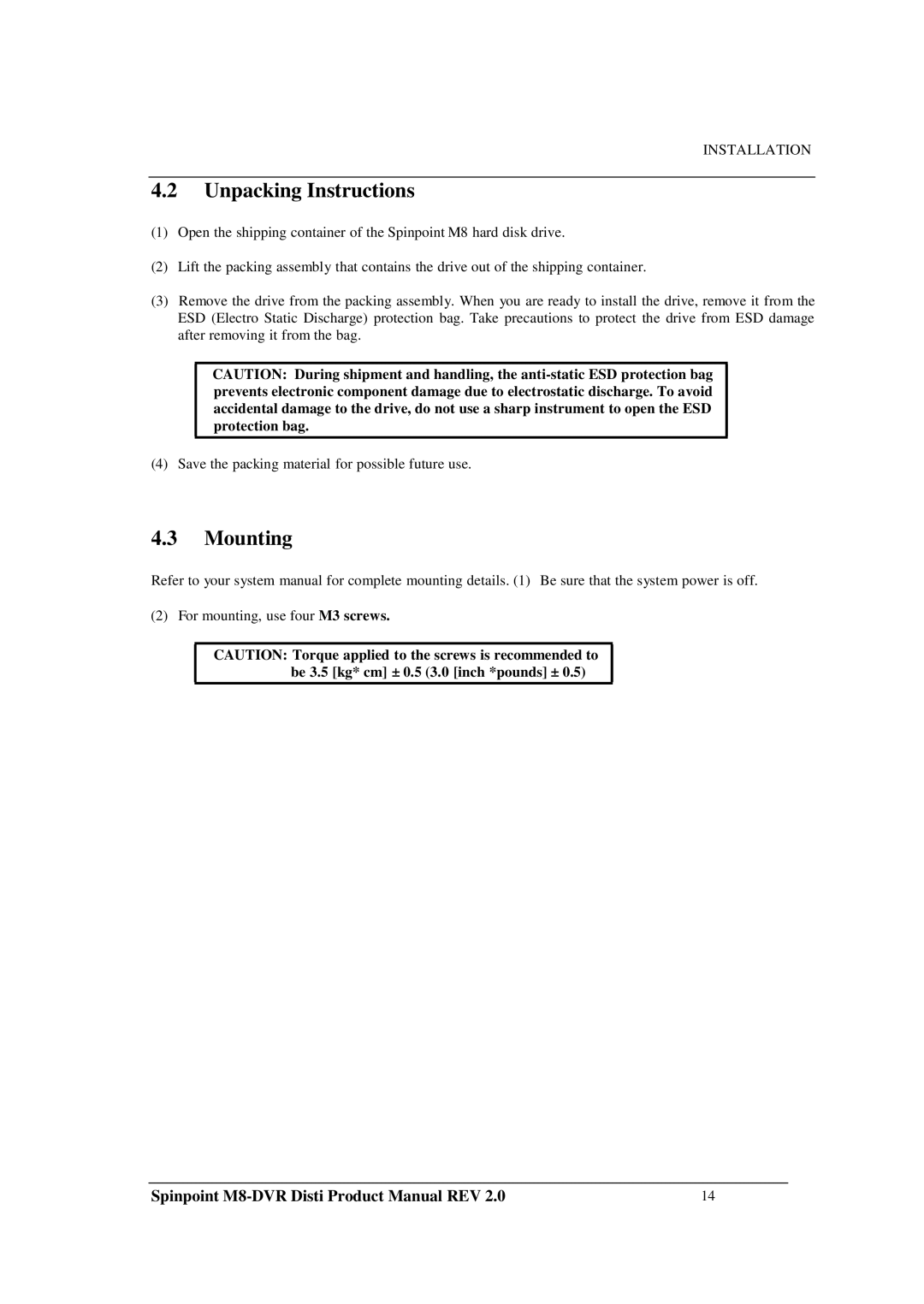 Samsung M8-DVR manual Unpacking Instructions, Mounting 