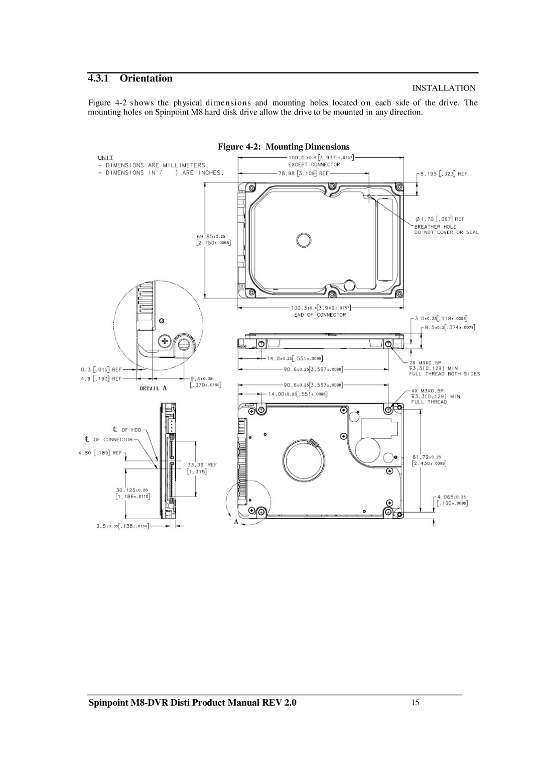 Samsung M8-DVR manual Orientation, Mounting Dimensions 