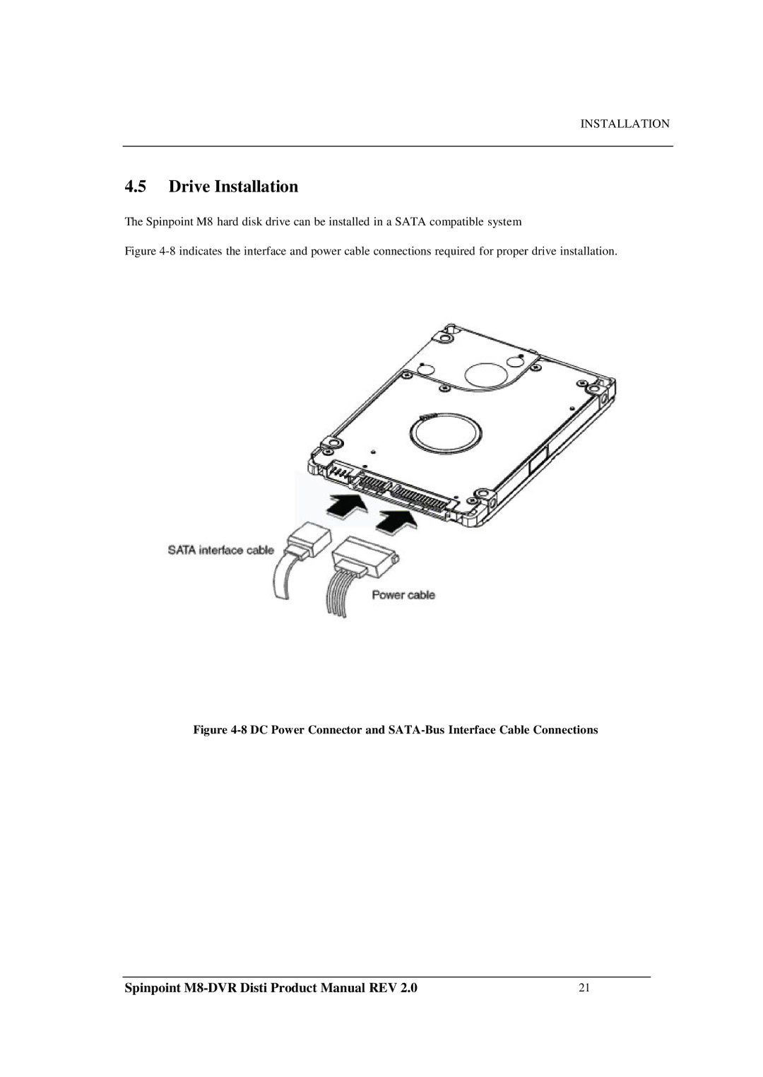 Samsung M8-DVR manual Drive Installation, DC Power Connector and SATA-Bus Interface Cable Connections 